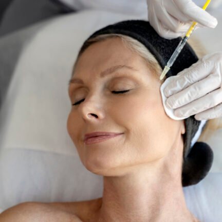 Senior woman relaxing during facial mesotherapy for smoothing of mimic wrinkles with beautician. Anti-aging injections for rejuvenation and lift skin